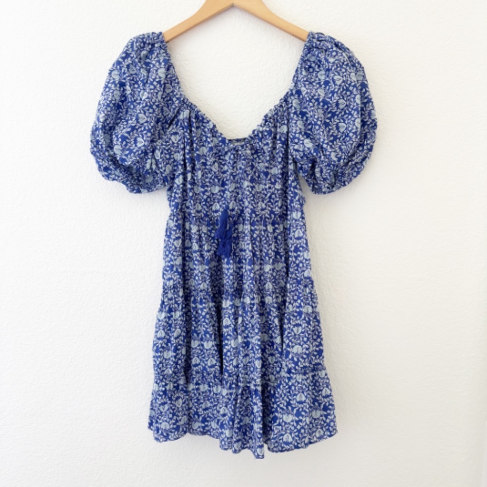 Zara cotton‎ mini puff sleeve smocked back dress blue size Medium